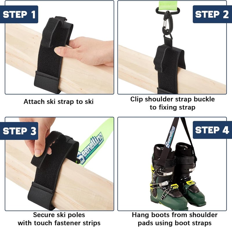 Seenelling 4 Pcs Ski Boot and Pole Carrier Straps Skiing Accessories 2 Anti Slip Boot Straps 2 Adjustable Shoulder Slings with Cushioned Pad and Buckle, Outdoor Winter Essential for Men Women - Image 5